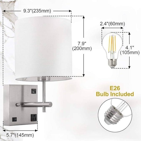 Wall Light Sconce w/ USB, Type-C Port & AC Outlet LED Bulb‎ Included Wall Lamp - Picture 7 of 10